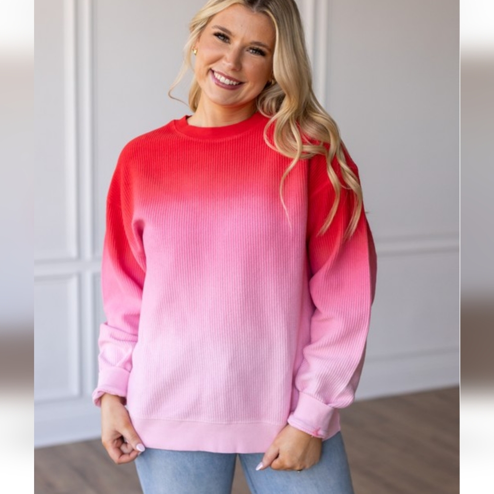 Moon Ryder Red and Pink Ombre Crew Corded Sweatshirt Large